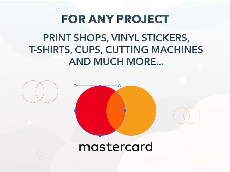 Pu&ograve; includere: Un logo Mastercard con cerchi rossi e arancioni sovrapposti. Il testo "mastercard" &egrave; sotto il logo. Il testo "FOR ANY PROJECT" &egrave; nella parte superiore dell'immagine. Il testo "PRINT SHOPS, VINYL STICKERS, T-SHIRTS, CUPS, CUTTING MACHINES AND MUCH MORE..." &egrave; sotto il logo.