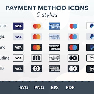 Icone dei metodi di pagamento SVG, Visa, Mastercard, PayPal, Bitcoin (download digitale), contorno, bianco e nero