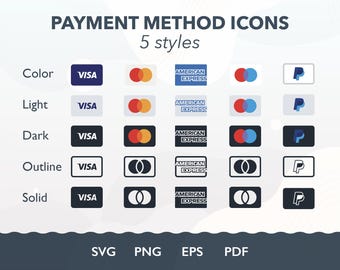 Iconos de métodos de pago en formato SVG: Visa, Mastercard, PayPal, Bitcoin (descarga digital), contorno, blanco y negro.