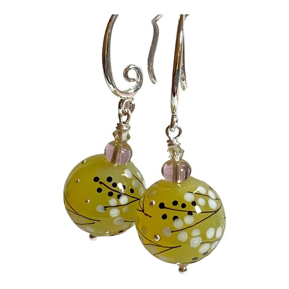 Lampwork Glass Earring,Glass Earrings, Pierced,Dangle, Round, Yellow, White, Flowers Dots , BoHo,Gifts for Teacher, One of a Kind