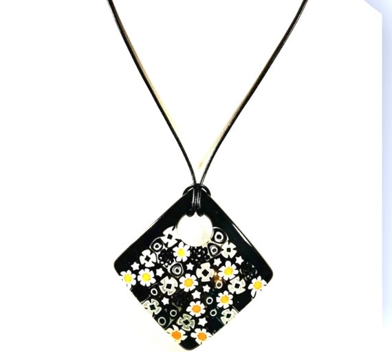Murano Glass Necklace, Murano Glass Pendant, Lampwork Necklace, Italian Necklace,Millefiori , Diagonal, Daisy, Black, White,Yellow, Cord