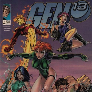 May include: Comic book cover of Gen13, featuring a group of superheroes in dynamic poses. The characters are depicted in vibrant colors, with a focus on action and energy. The cover includes the title "Gen13" and issue number 1.