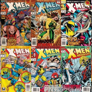 May include: A collection of vintage X-Men Adventures comic books. The covers feature vibrant illustrations of various X-Men characters in action, with bold text and the Fox logo. The comic books are from the animated TV series.