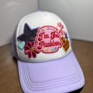It&#39;s Me Hi I&#39;m the Problem It&#39;s Me Trucker Hat with Patches | Hat Era | Trending Hats for Women | Glitter Stars with Hearts