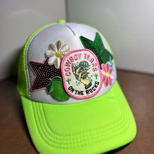 Cowboy Tears Trucker Hat with Patches | Tequila Accessories | Trending Hats for Women | Glitter Stars with Hearts