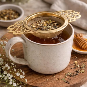 May include: A ceramic mug filled with tea, a gold tea strainer, and a small dish of honey. The tea strainer is filled with loose tea leaves. The mug sits on a wooden board, with white flowers in the background.