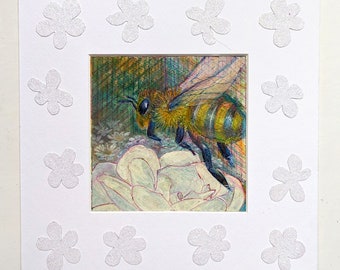 Bee's World - klein mixed media aquarel vierkant schilderij 23cm 9"