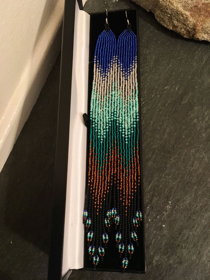 Extra Long Glass Seed Bead Earrings Royal Blue Silver Aquamarine Bronze Black Native American Beaded Ombr\u00e9 Jewelry Boho Navajo Huichol Gift