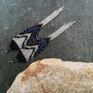 Long Native American Beaded Fringe Ombre Statement Earrings Silver Black Blue Green Purple Ultra Violet Glass Iridescent Duster Seed Bead image 8