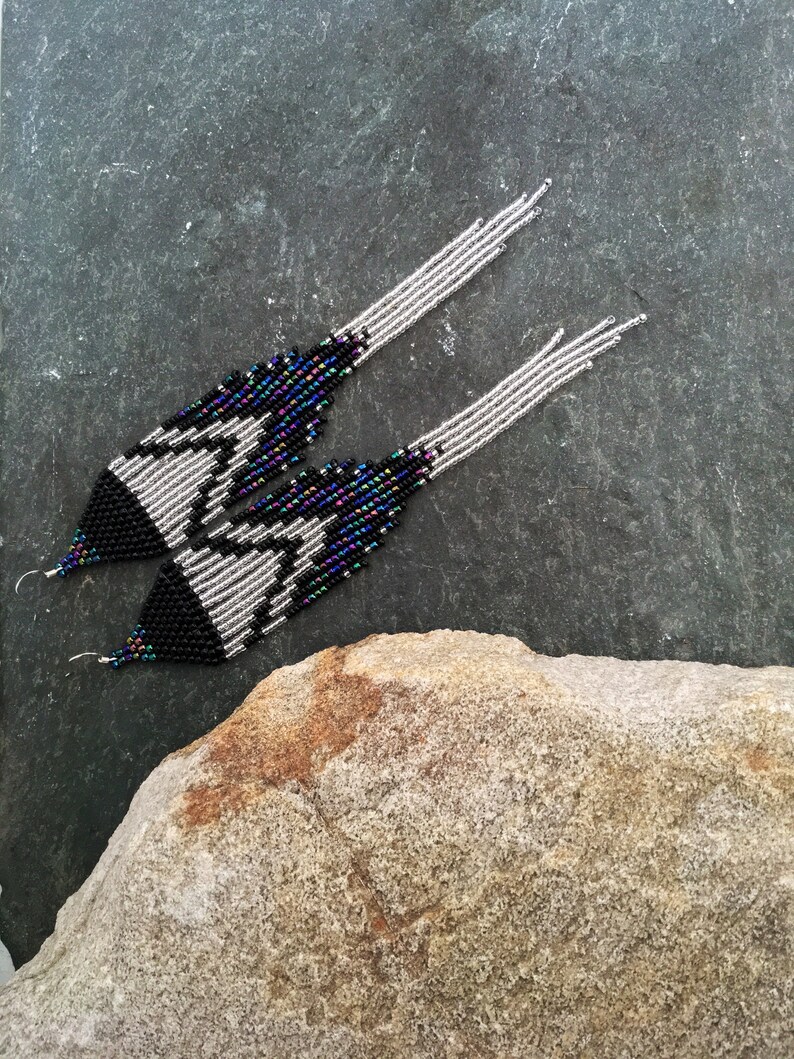 Long Native American Beaded Fringe Ombre Statement Earrings Silver Black Blue Green Purple Ultra Violet Glass Iridescent Duster Seed Bead image 8