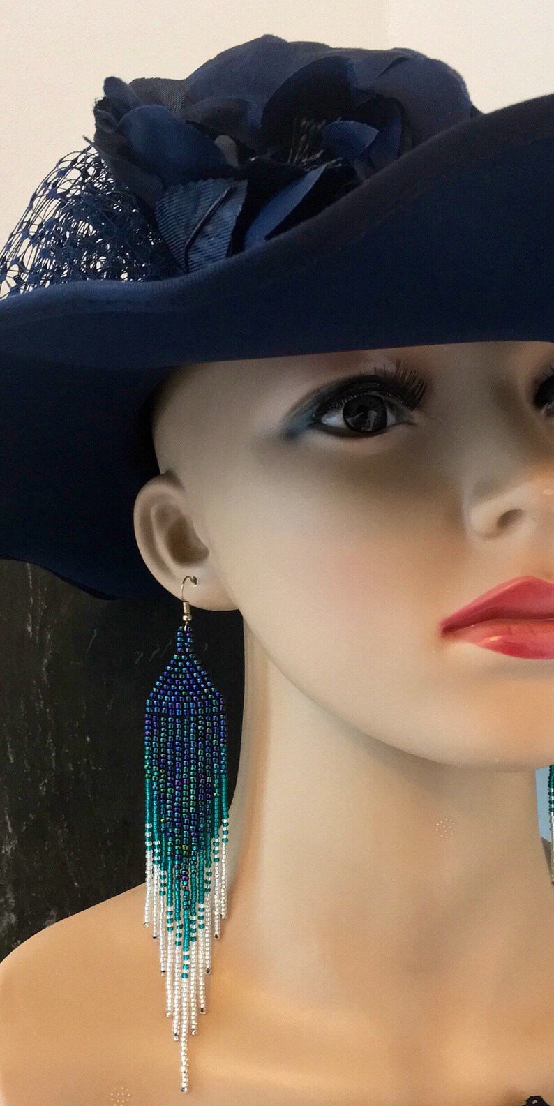 Aquamarine Statement Earrings Long Iridescent Purple Blue Etsy