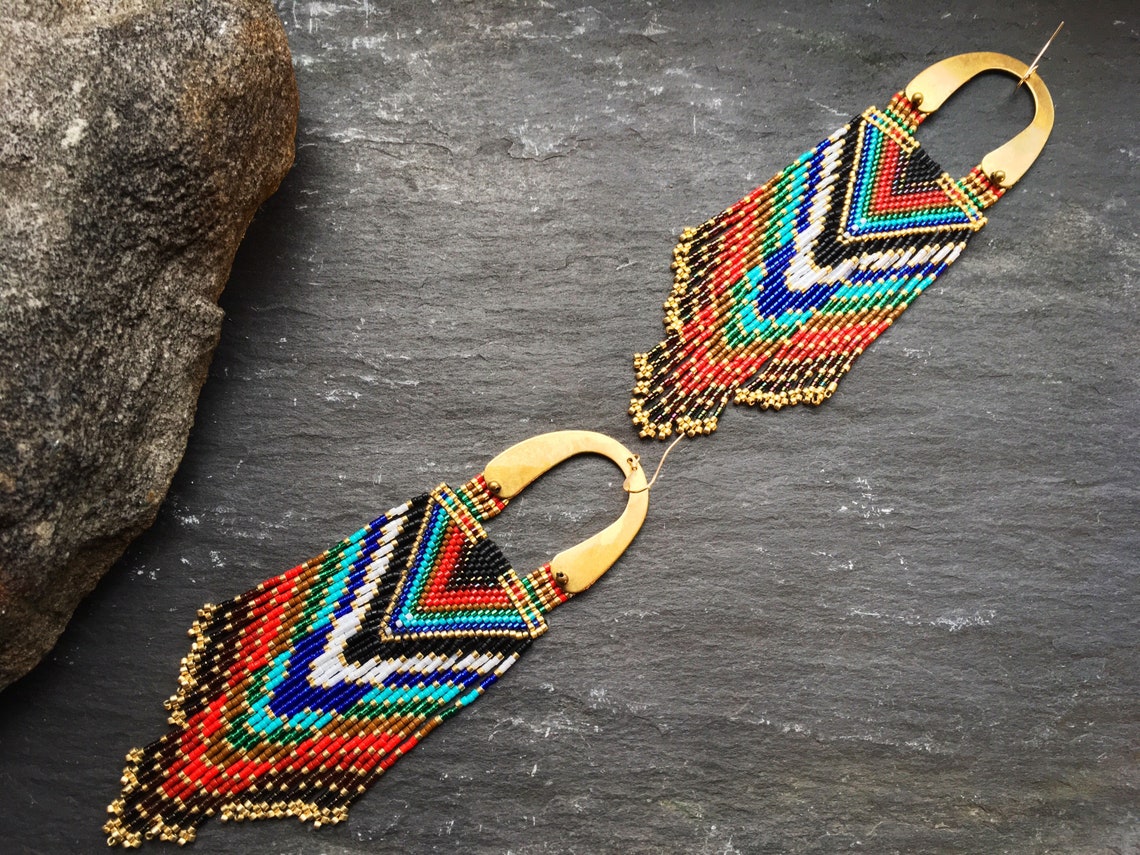 Luxury Brass Glass Seed Bead Earrings Native American Style Beaded ...