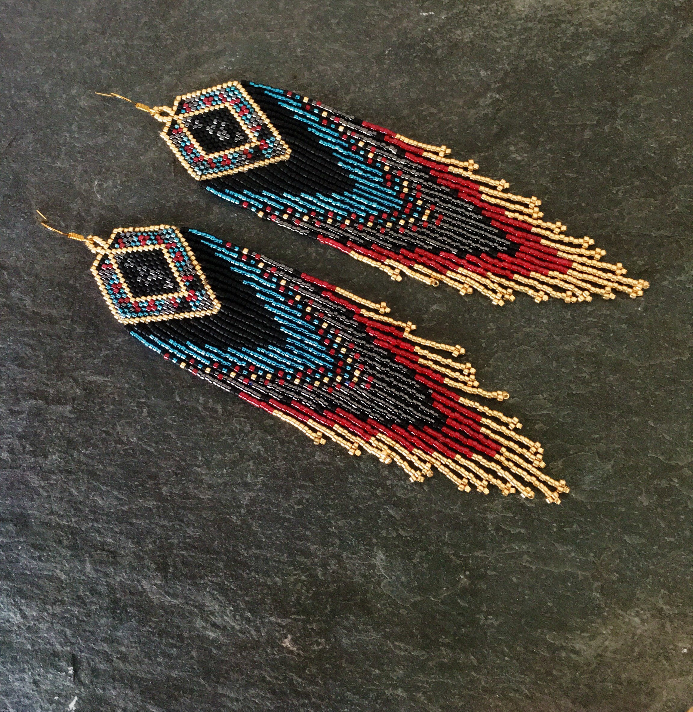 Luxury Glass Seed Bead Earrings Native American Style Beaded Statement ...