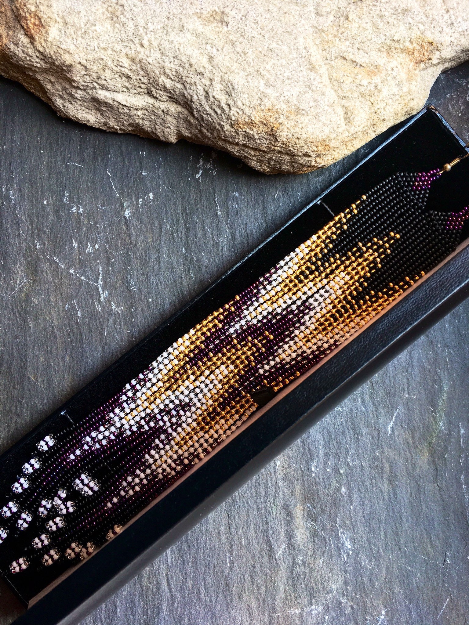 Long Native American Beaded Style Glass Seed Bead Fringe Statement ...