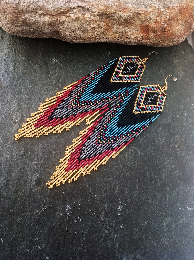 Luxury Glass Seed Bead Earrings Native American Style Beaded Statement ...