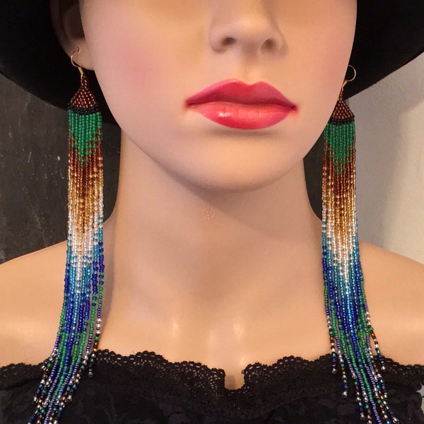 Peacock earrings, Extra Long fringe earrings, Beaded earrings, Native American Style Seed bead earrings, Statement Shoulder dusters, Gift