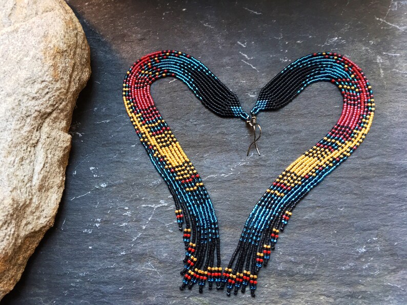Long Native American Style Beaded Glass Seed Bead Fringe Statement ...