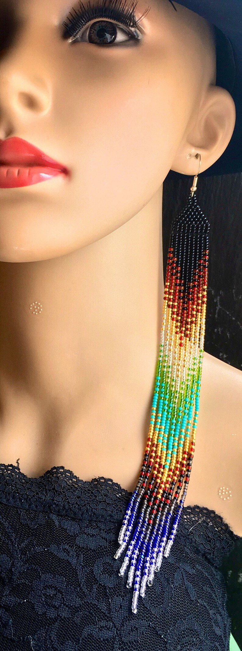 Long Native American Beaded Glass Seed Bead Fringe Statement Earrings ...