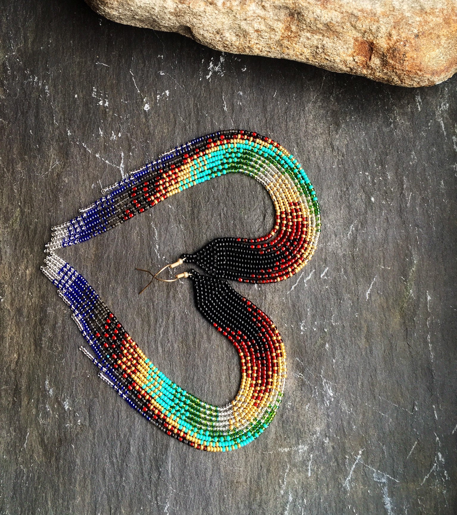 Long Native American Beaded Glass Seed Bead Fringe Statement Earrings ...