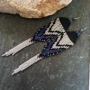 Long Native American Beaded Fringe Ombre Statement Earrings Silver Black Blue Green Purple Ultra Violet Glass Iridescent Duster Seed Bead image 4