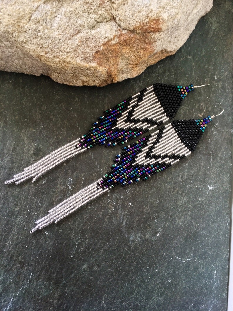 Long Native American Beaded Fringe Ombre Statement Earrings Silver Black Blue Green Purple Ultra Violet Glass Iridescent Duster Seed Bead image 4