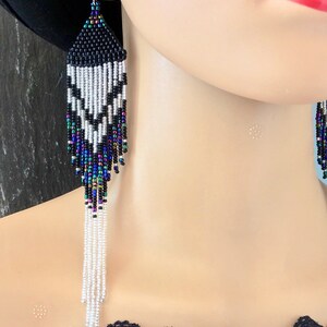 Long Native American Beaded Fringe Ombre Statement Earrings Silver Black Blue Green Purple Ultra Violet Glass Iridescent Duster Seed Bead image 3