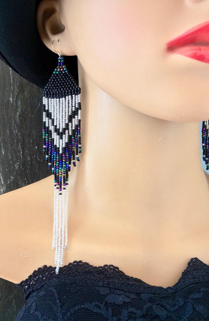 Long Native American Beaded Fringe Ombre Statement Earrings Silver Black Blue Green Purple Ultra Violet Glass Iridescent Duster Seed Bead image 3