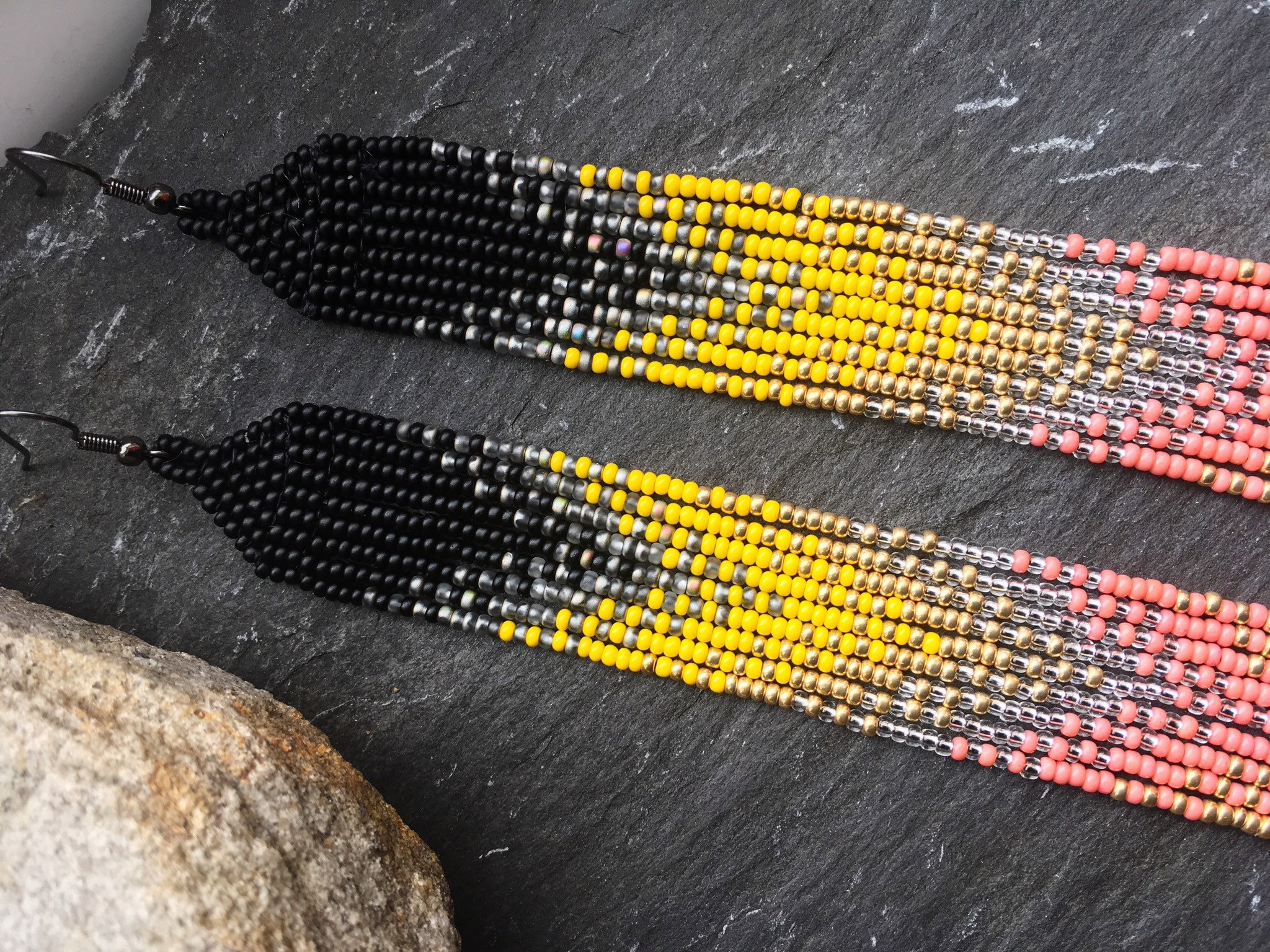 Long Native American Beaded Glass Seed Bead Fringe Statement Earrings ...