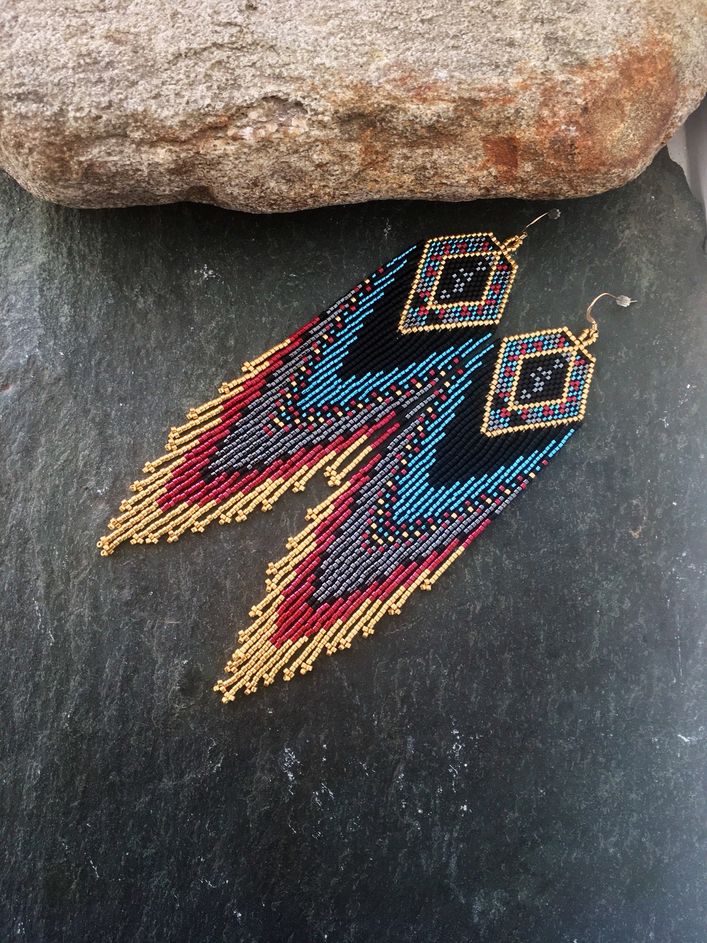 Luxury Glass Seed Bead Earrings Native American Style Beaded Statement ...