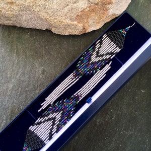 Long Native American Beaded Fringe Ombre Statement Earrings Silver Black Blue Green Purple Ultra Violet Glass Iridescent Duster Seed Bead image 1