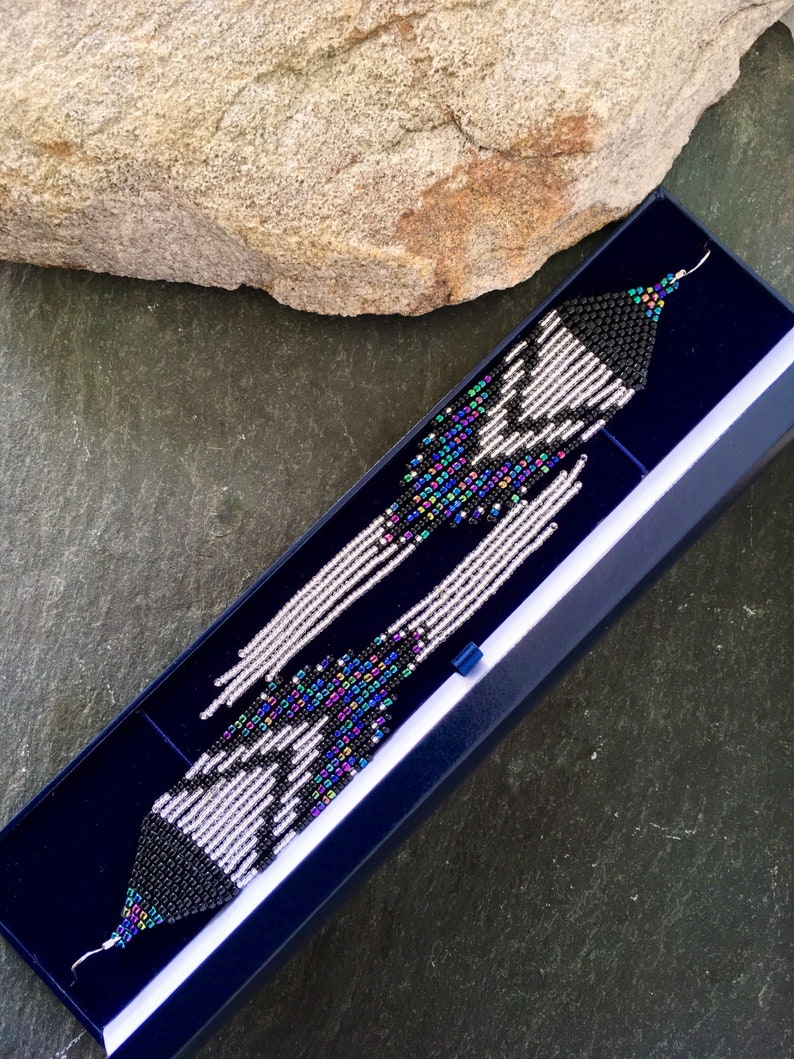 Long Native American Beaded Fringe Ombre Statement Earrings Silver Black Blue Green Purple Ultra Violet Glass Iridescent Duster Seed Bead image 1