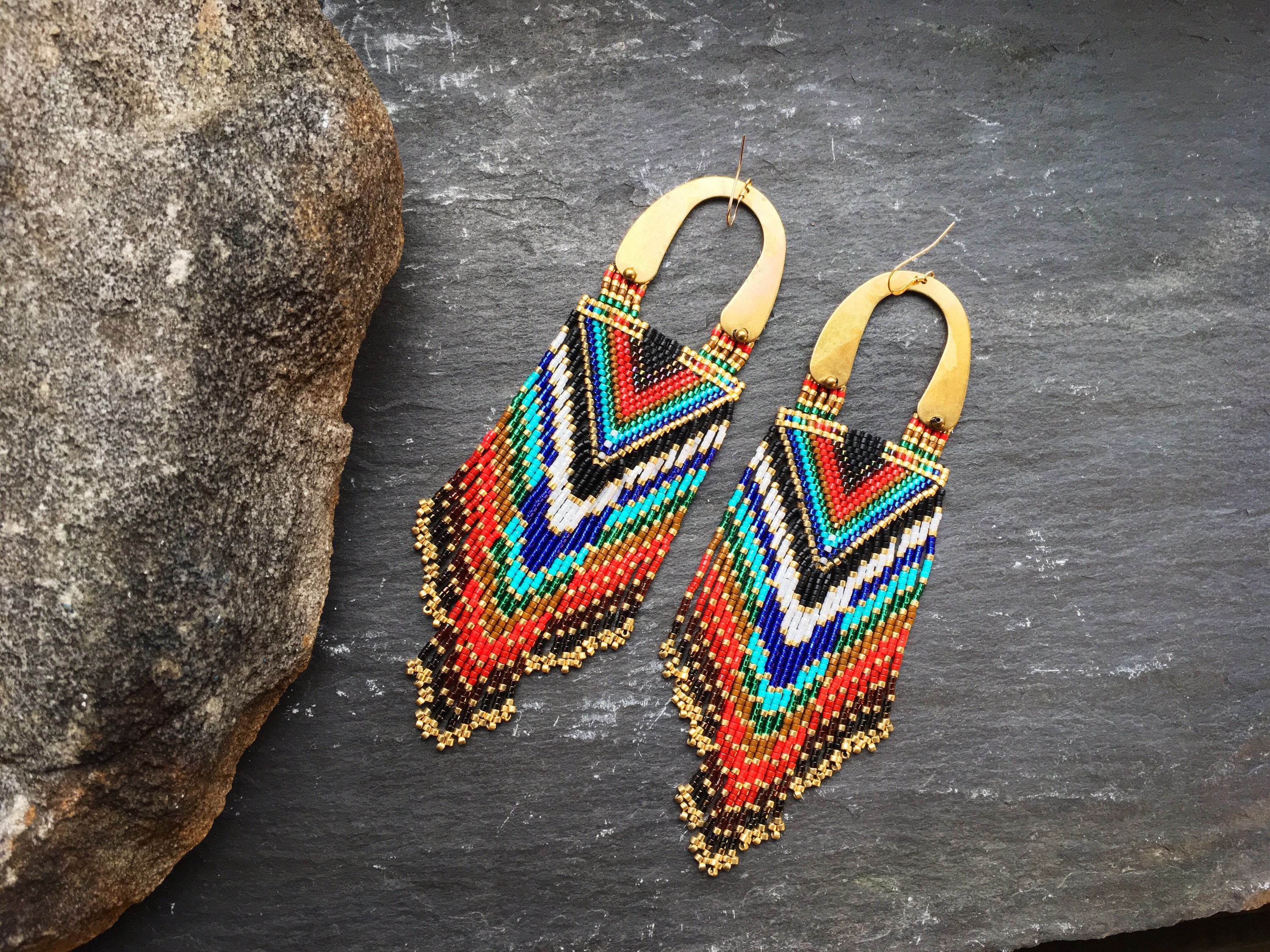 Luxury Brass Glass Seed Bead Earrings Native American Style Beaded ...