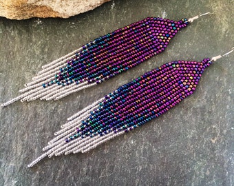 Ultra Violet Statement Earrings Long Purple Blue Silver Ombré Glass Seed Bead Fringe Native American Beaded Shoulder Duster Mothers Day Gift