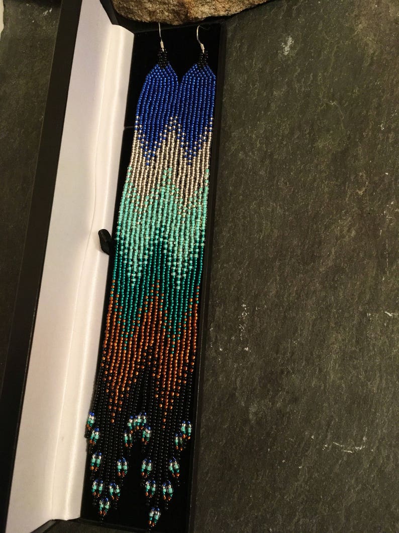 Extra Long Glass Seed Bead Earrings Royal Blue Silver Aquamarine Bronze Black Native American Beaded Ombr\u00e9 Jewelry Boho Navajo Huichol Gift