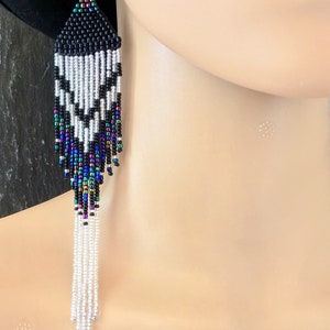 Long Native American Beaded Fringe Ombre Statement Earrings Silver Black Blue Green Purple Ultra Violet Glass Iridescent Duster Seed Bead image 7