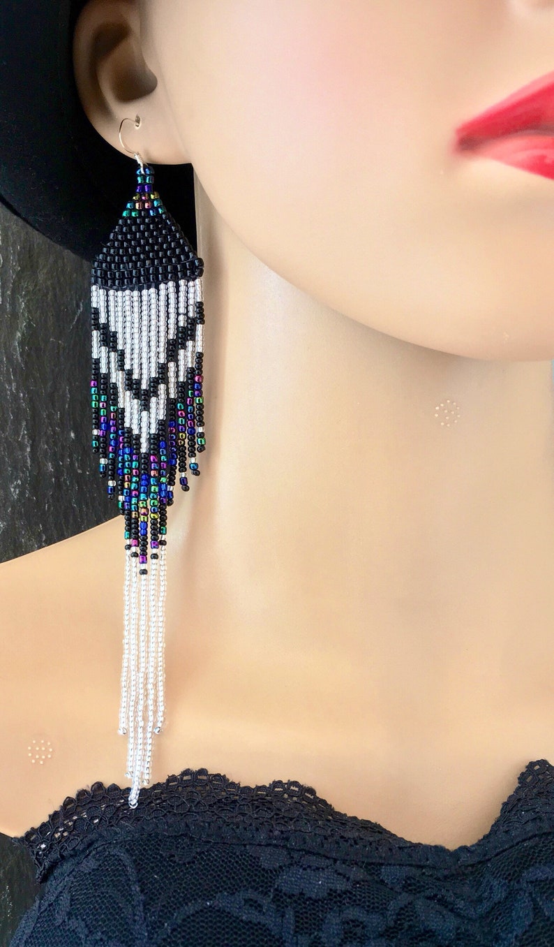 Long Native American Beaded Fringe Ombre Statement Earrings Silver Black Blue Green Purple Ultra Violet Glass Iridescent Duster Seed Bead image 7