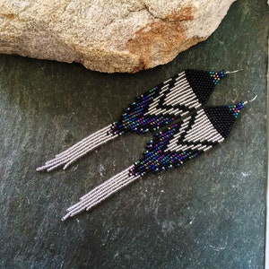 Long Native American Beaded Fringe Ombre Statement Earrings Silver Black Blue Green Purple Ultra Violet Glass Iridescent Duster Seed Bead image 6