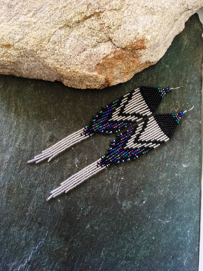 Long Native American Beaded Fringe Ombre Statement Earrings Silver Black Blue Green Purple Ultra Violet Glass Iridescent Duster Seed Bead image 6