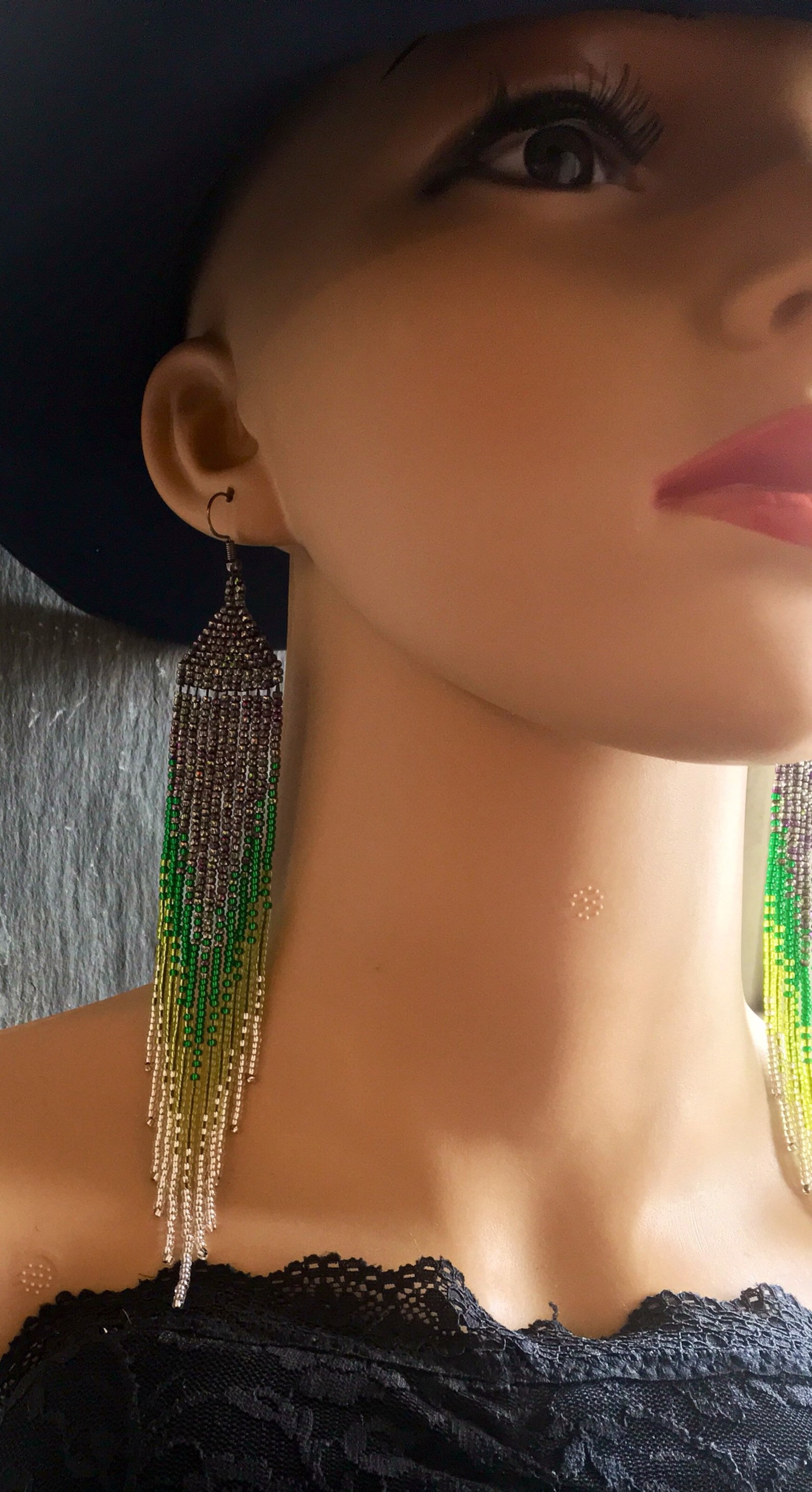 Long Native American Style Beaded Glass Seed Bead Fringe Statement ...