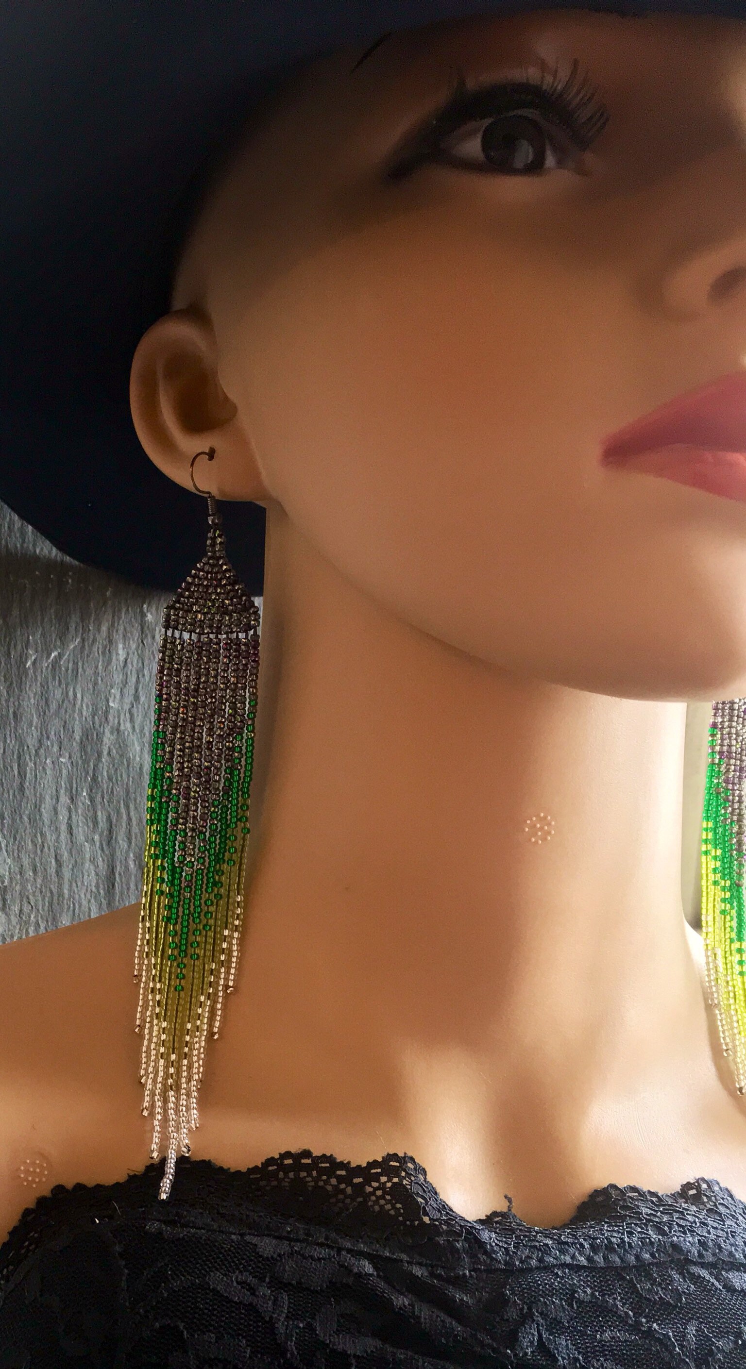 Long Native American Style Beaded Glass Seed Bead Fringe Statement ...