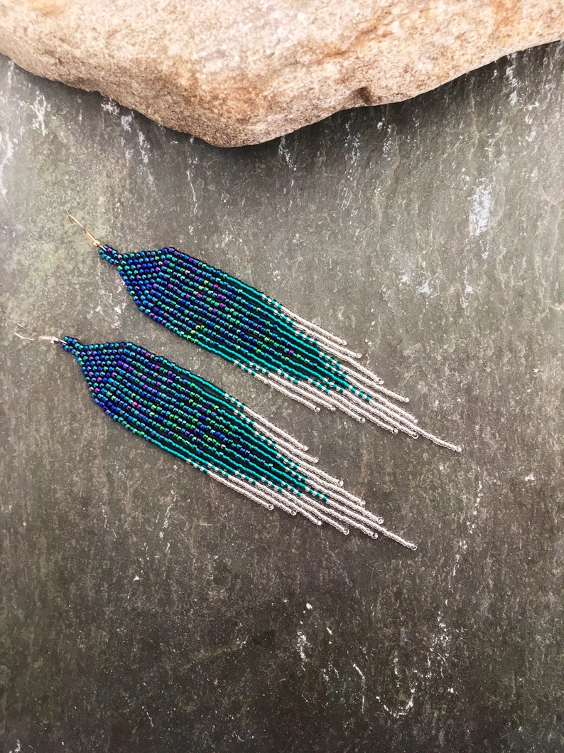 Aquamarine Statement Earrings Long Iridescent Purple Blue Etsy