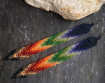 Rainbow Glass Seed Bead Native American Fringe Statement Earrings Blue Purple Silver Chartreuse Green Orange Red Gold Boho Dusters Gift