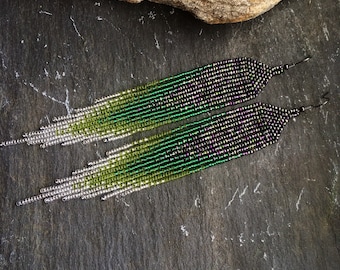Long Native American Style Beaded Glass Seed Bead Fringe Statement Ombré Earrings Iridescent Purple Grey Green Peridot Silver Boho Dusters