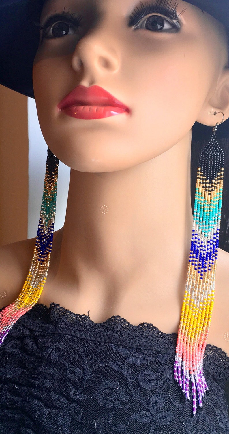 Long Native American Style Beaded Glass Seed Bead Fringe Statement ...