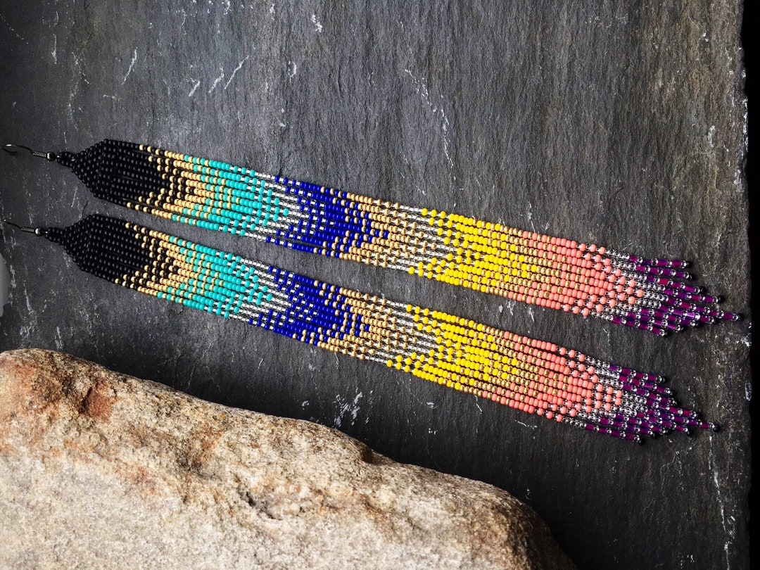 Long Native American Style Beaded Glass Seed Bead Fringe Statement ...