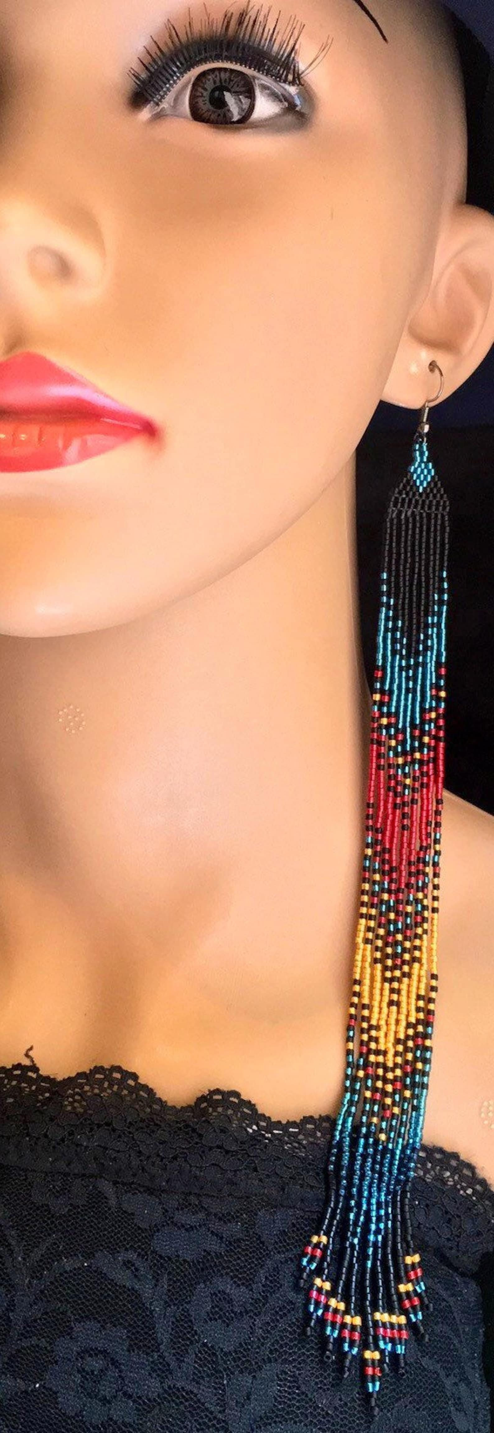 Long Native American Style Beaded Glass Seed Bead Fringe Statement ...