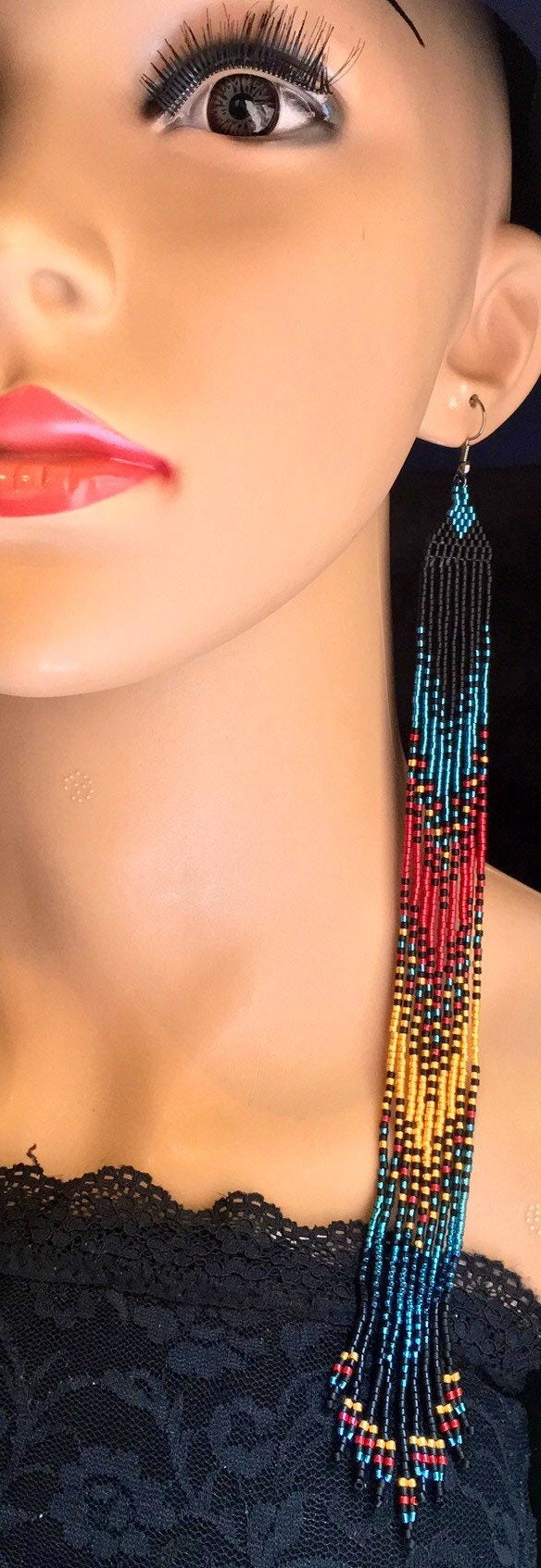 Long Native American Style Beaded Glass Seed Bead Fringe Statement ...