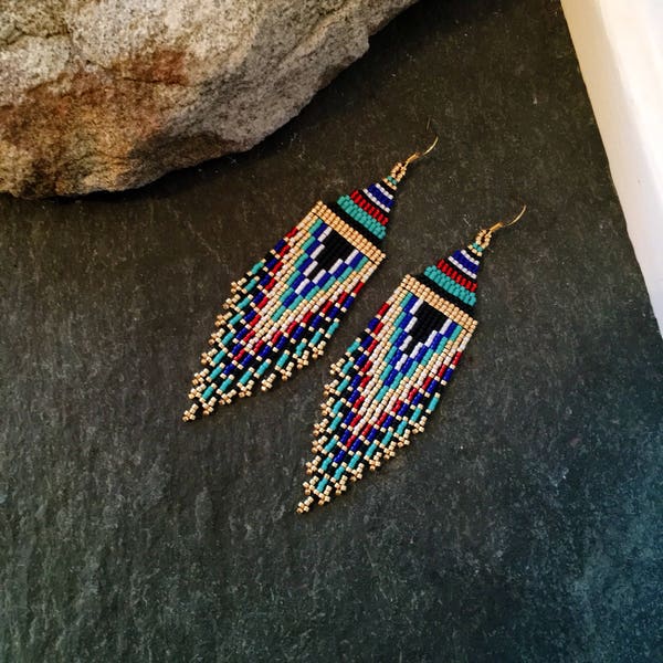 Native American Beaded Fringe Earrings Valentine Gift For Her White Gold Black Turquoise Blue Orange Red Minimalist Huichol Glass Seed Bead