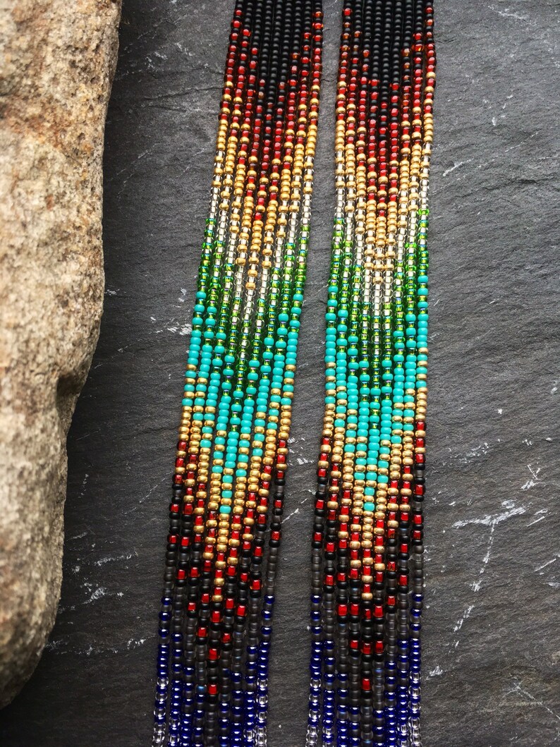 Long Native American Beaded Glass Seed Bead Fringe Statement Earrings ...
