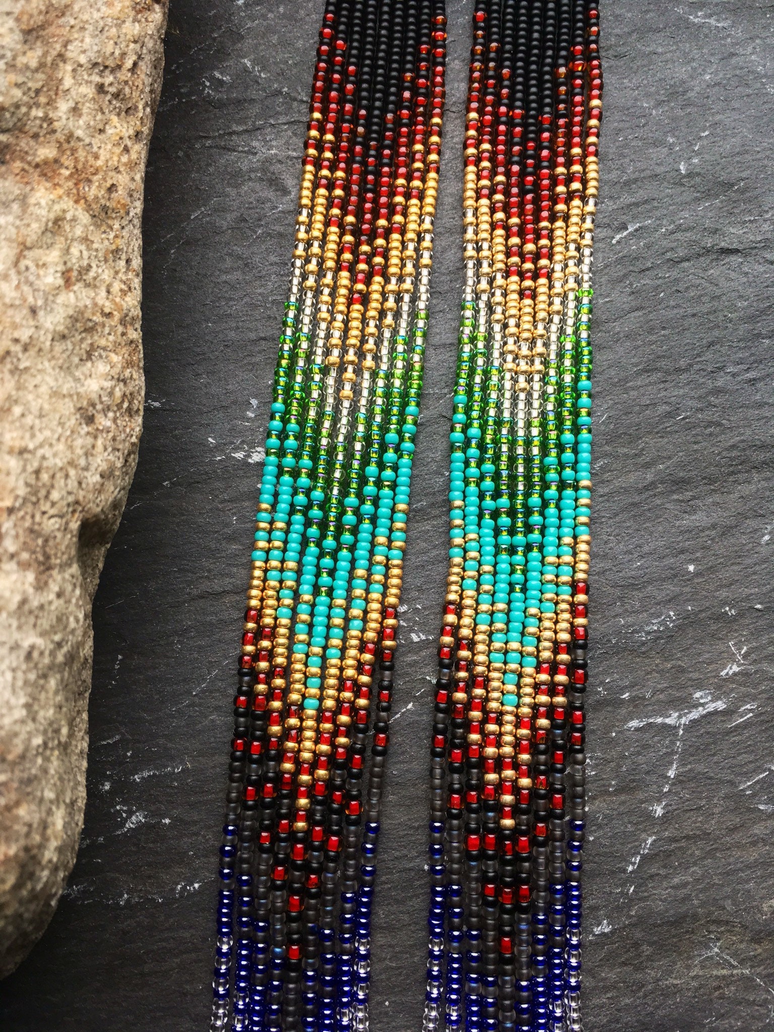 Long Native American Beaded Glass Seed Bead Fringe Statement Earrings ...